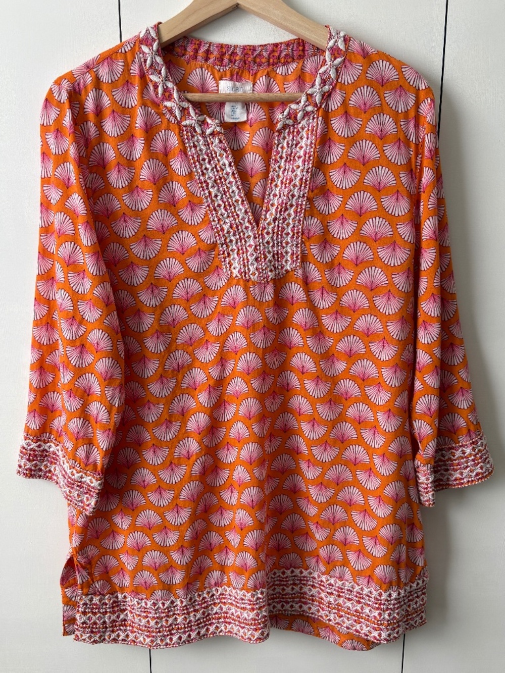 Sigrid Olsen Women's Vibrant Orange Pink Seashell Embroidered Top Tunic Size L